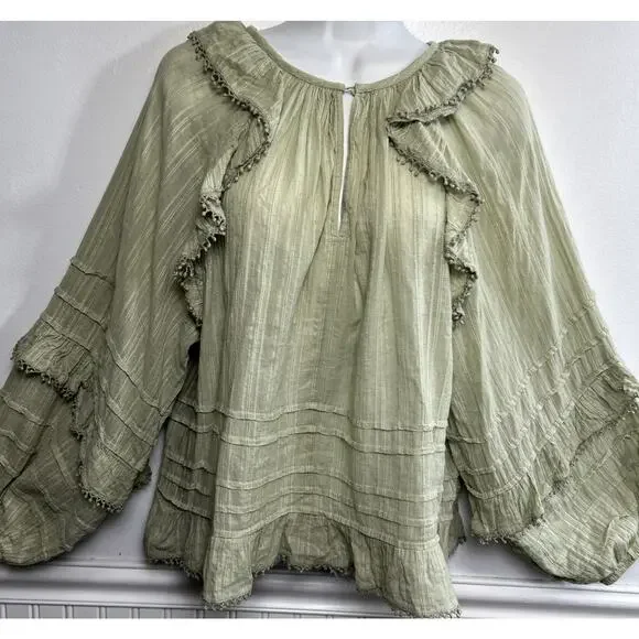 Love The Label Anthro Ruffled Full Sleeve Top Blouse M Green Fairy Romantic - Picture 1 of 9